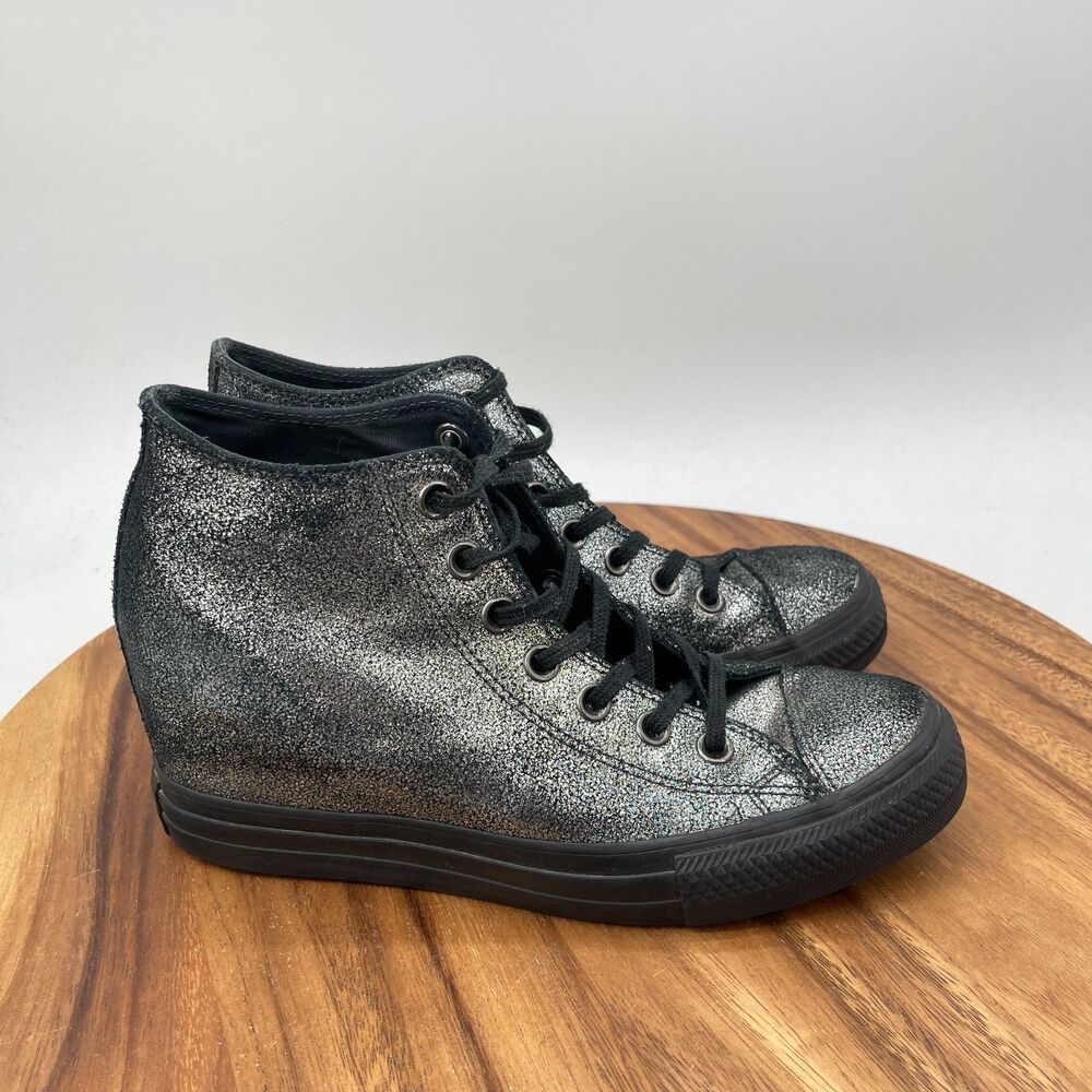 Converse Chuck Taylor All Star Hidden Wedge Shoes Women 9.5 Silver Black Sparkle